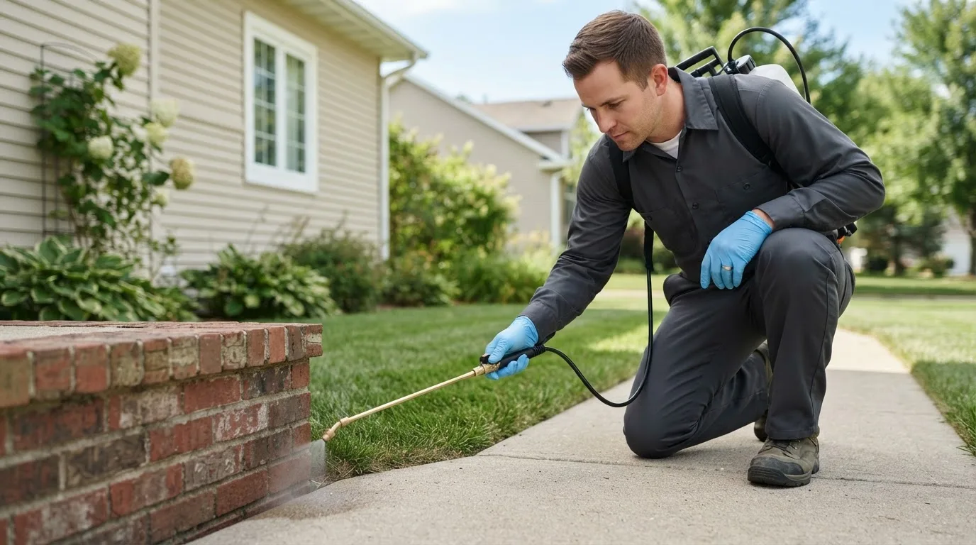Pest control technician treating a home near Archbold, OH