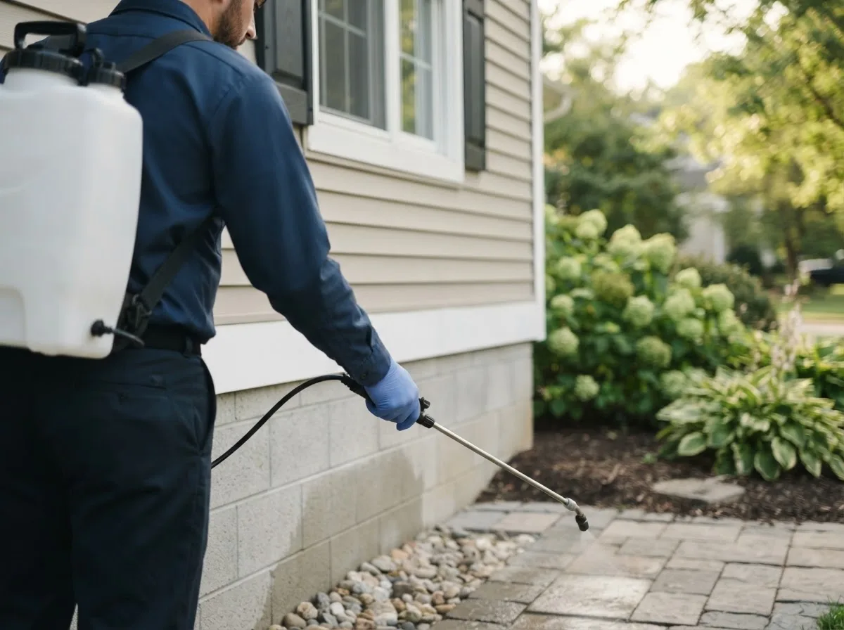 Pest control technician inspecting a home in Archbold, OH